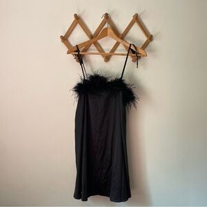 NWT Nasty Gal Black Satin Dress with Feathers